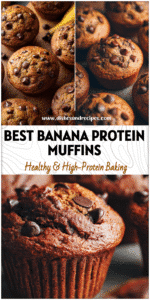 Madison Whitaker 4 Moist chocolate banana muffins made with protein powder, ripe bananas, and chocolate chips for a healthy protein muffin recipe.