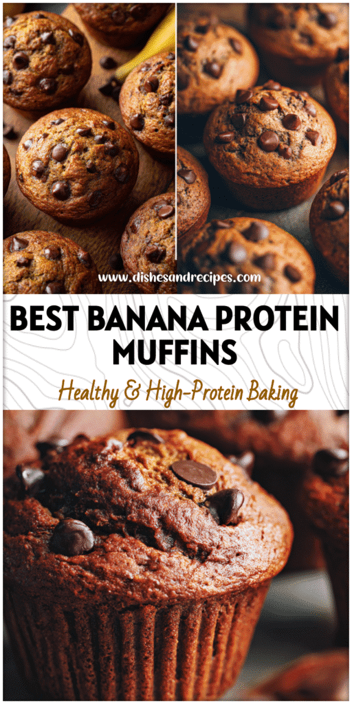 Moist chocolate banana muffins made with protein powder, ripe bananas, and chocolate chips for a healthy protein muffin recipe.