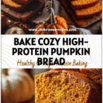 Golden loaf of Pumpkin Bread High Protein sliced on a rustic board surrounded by fall spices and pumpkins.