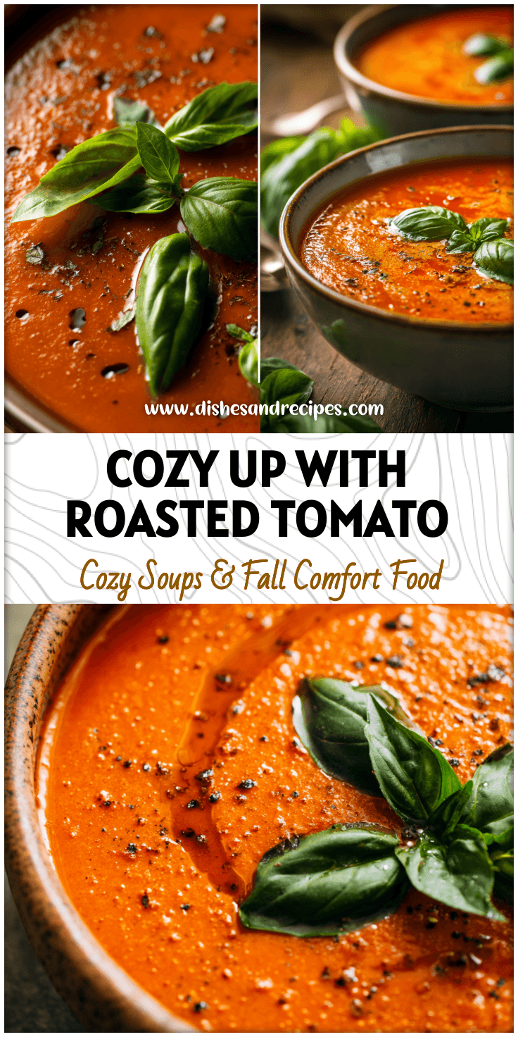 A steaming bowl of roasted tomato basil soup with creamy texture and a touch of chicken served with basil leaves.
