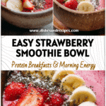 Bright strawberry thick smoothie bowl with banana slices and chia seeds served in a rustic bowl