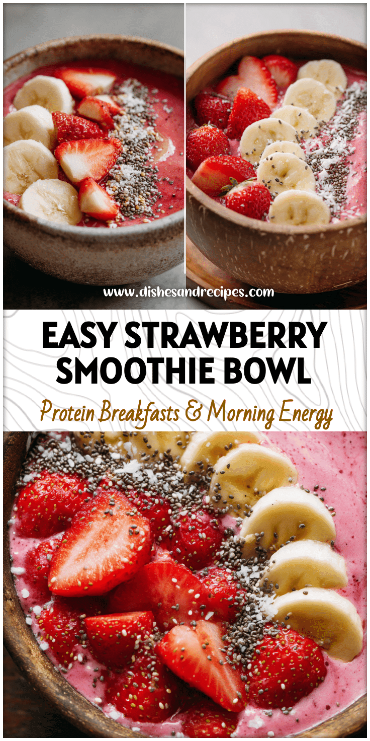 Bright strawberry thick smoothie bowl with banana slices and chia seeds served in a rustic bowl