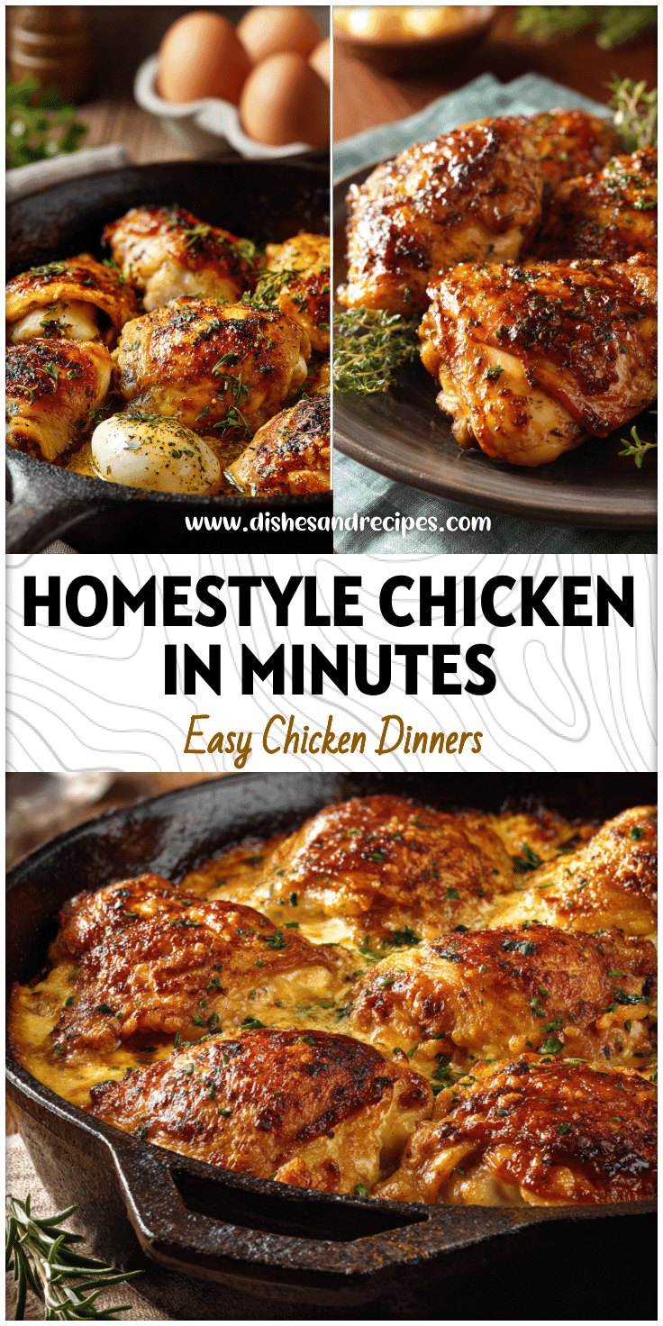 Rustic skillet of homestyle chicken with golden crust and herbs beside a cozy dinner table setting.