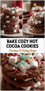 Home 7 Stack of Hot Cocoa Cookies topped with melted marshmallows and festive sprinkles on a holiday table.