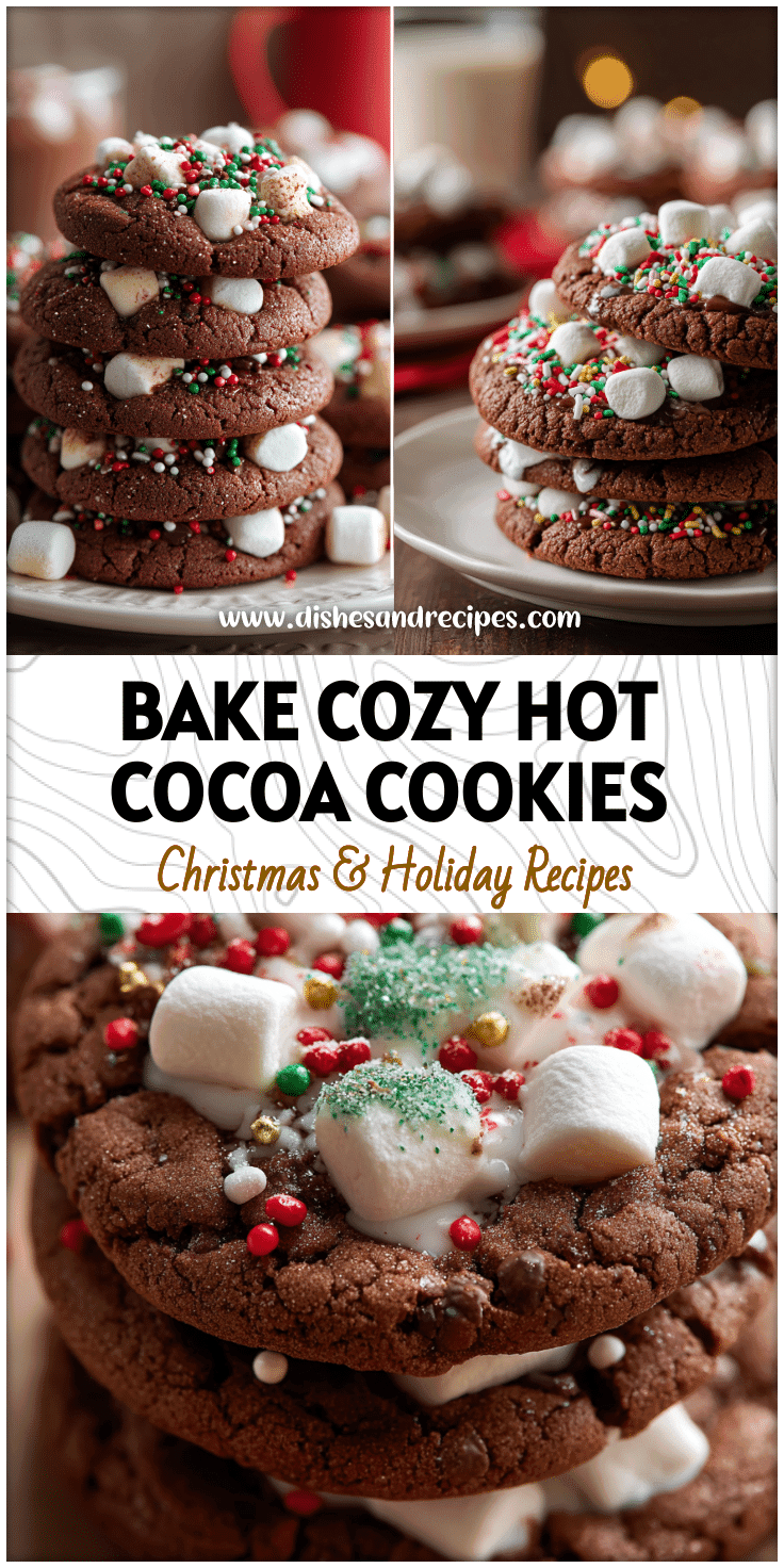 Stack of Hot Cocoa Cookies topped with melted marshmallows and festive sprinkles on a holiday table.