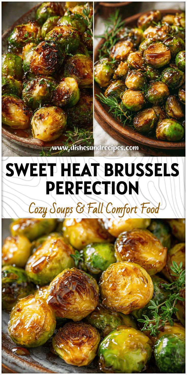 Golden baked Brussels sprouts drizzled with hot honey and soy glaze on a rustic platter