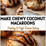 Homemade chewy coconut macaroons drizzled with dark chocolate on parchment paper.
