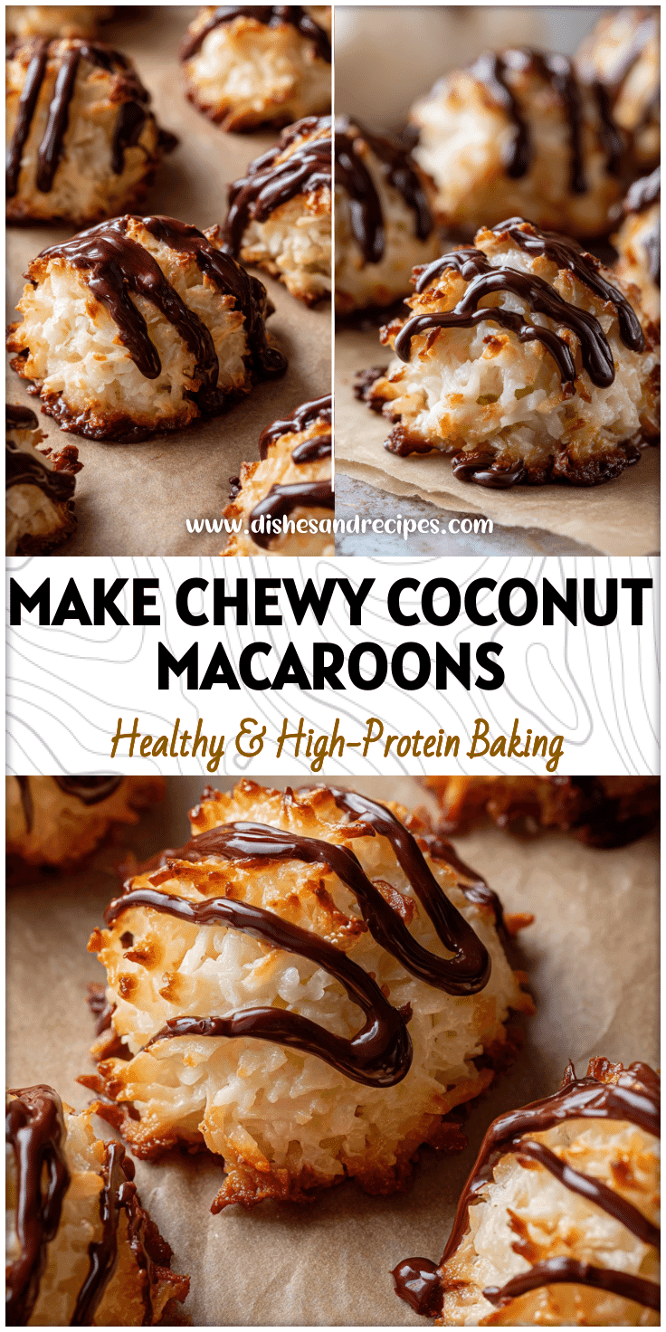 Homemade chewy coconut macaroons drizzled with dark chocolate on parchment paper.