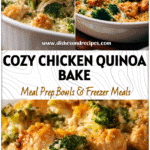 Golden baked Chicken Quinoa Broccoli casserole served in a white dish for a Health Dinner.