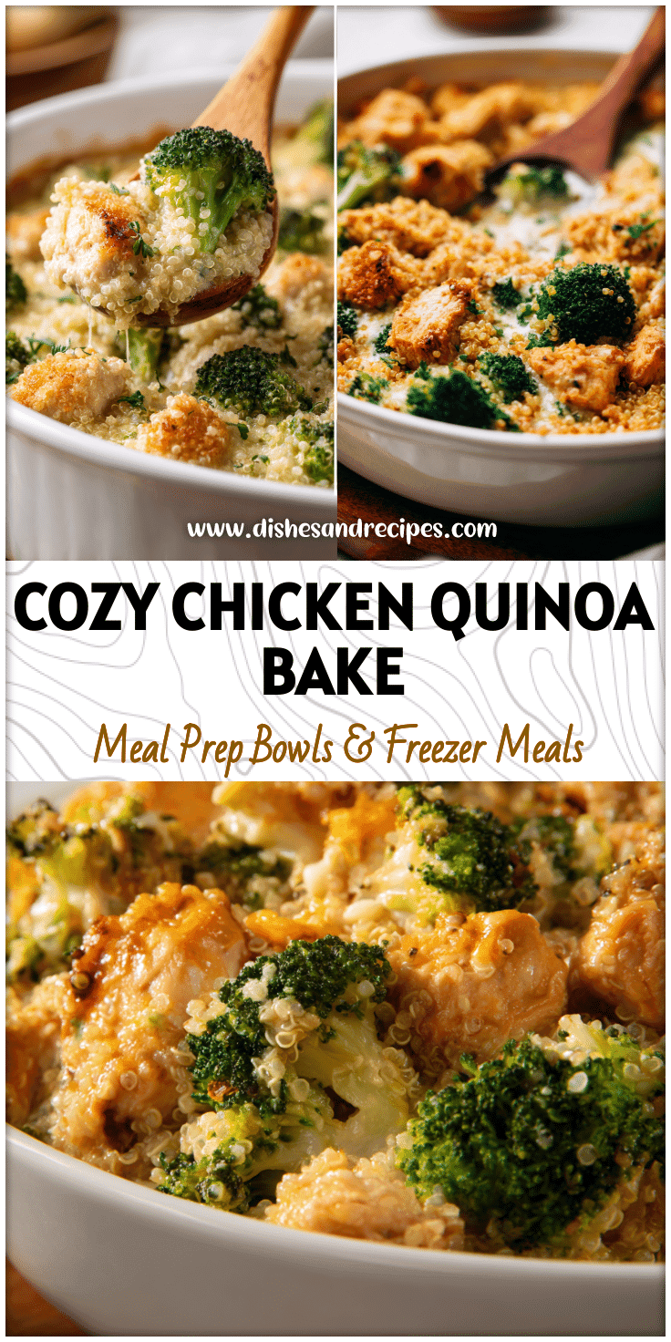 Golden baked Chicken Quinoa Broccoli casserole served in a white dish for a Health Dinner.