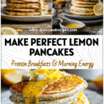 Golden Poppyseed Pancakes drizzled with lemon curd and topped with zest on a rustic table.