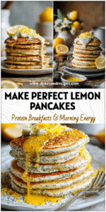 Golden Poppyseed Pancakes drizzled with lemon curd and topped with zest on a rustic table.