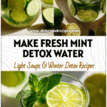 Cooling mint and cucumber water with lime slices served in a clear glass pitcher on a bright table.