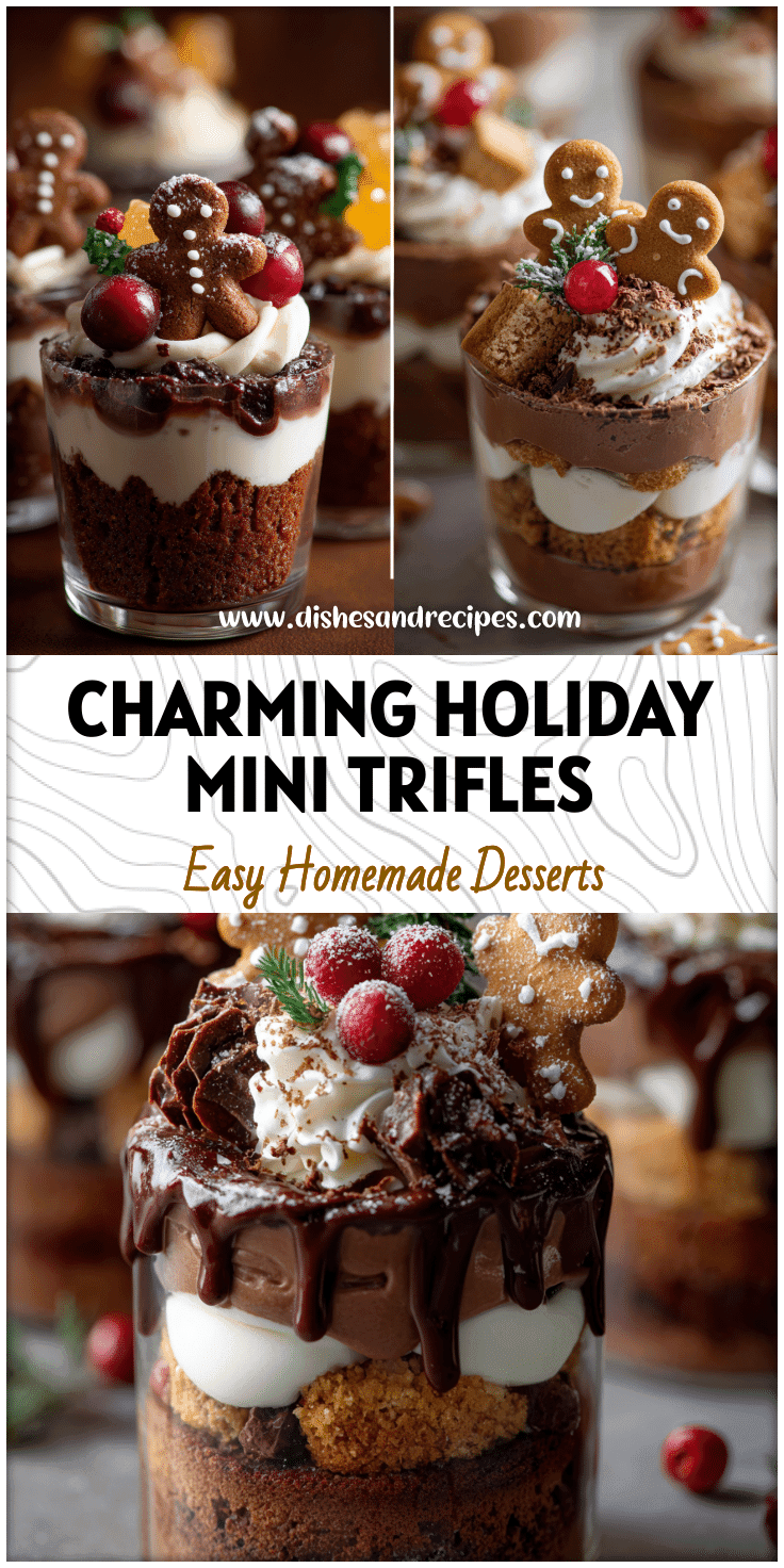 Mini Chocolate and Gingerbread Trifles layered with cream and festive toppings in small dessert cups.