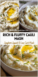 Close-up of keto cauliflower mashed potatoes with cream cheese topped with melted butter and herbs.