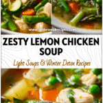 Close-up of Lemon Chicken and Spring Veggies Soup with vibrant vegetables in a white bowl.