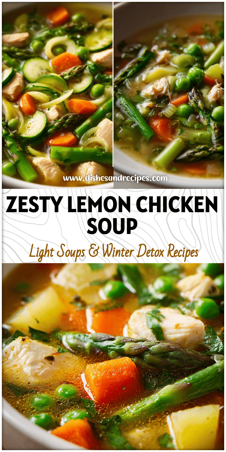 Close-up of Lemon Chicken and Spring Veggies Soup with vibrant vegetables in a white bowl.