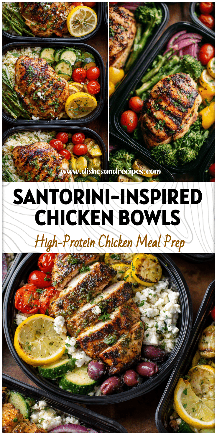 Grilled lemon garlic chicken thighs with vibrant vegetables in healthy bowls inspired by Luna Grill Santorini Bowl Recipe for Meal Prep Summer.