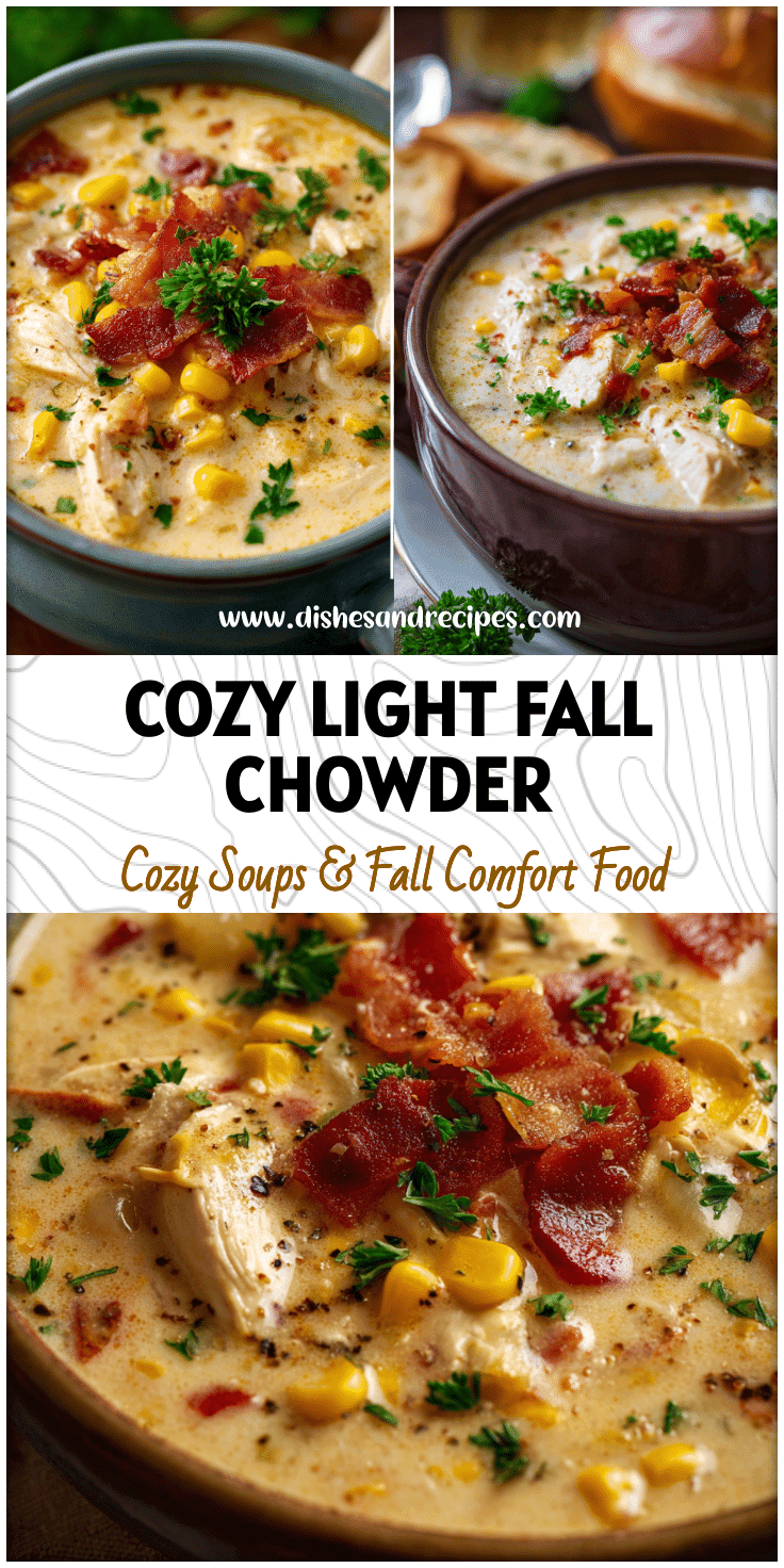Bowl of creamy chicken and corn chowder with bacon and parsley for a cozy fall meal