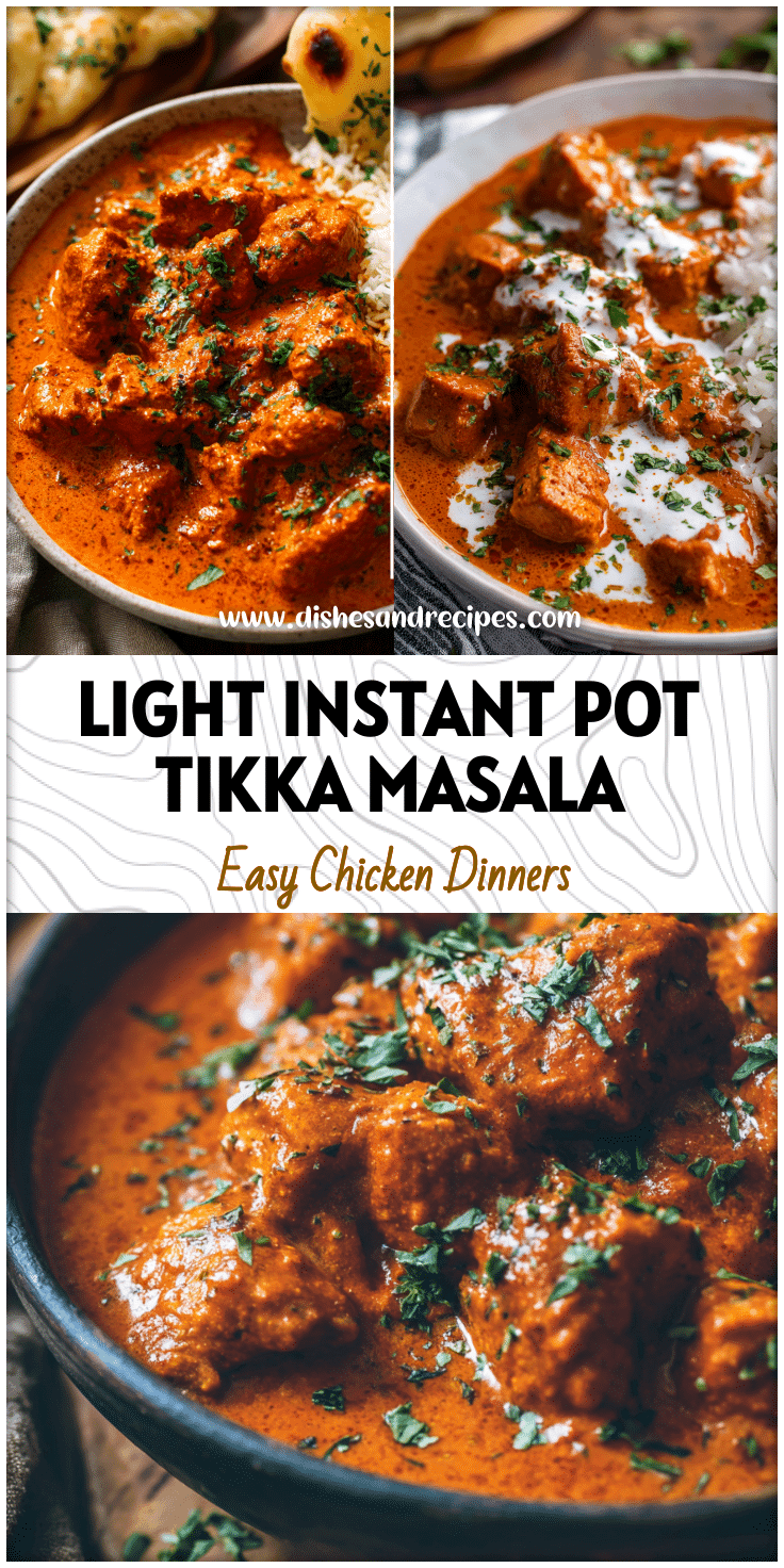 Bowl of creamy Instapot Chicken Tikka Masala with coconut milk and rich Masala Sauce garnished with herbs.