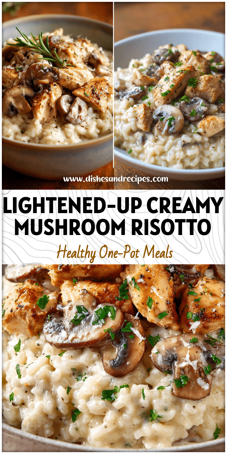 A creamy chicken mushroom risotto topped with golden Smothered Chicken Mushrooms and rich Creamy Balsamic Mushroom Chicken.