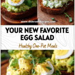 Healthy avocado and egg salad served on toast with seasoning and fresh greens on a wooden plate.