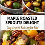 Bowl of maple roasted Brussels sprouts mixed with butternut squash, dried cranberries, and pecans.