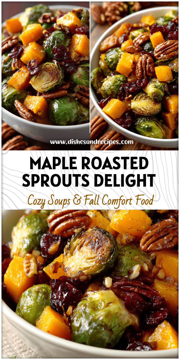 Bowl of maple roasted Brussels sprouts mixed with butternut squash, dried cranberries, and pecans.