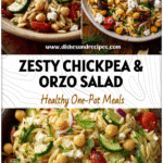 Bowl of Mediterranean Chickpea And Orzo Salad with feta, lemon, and herbs arranged on a rustic table.