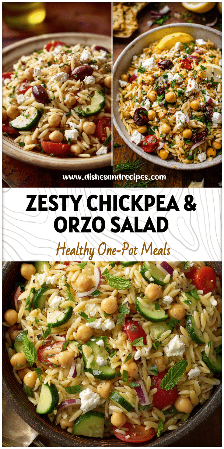 Bowl of Mediterranean Chickpea And Orzo Salad with feta, lemon, and herbs arranged on a rustic table.