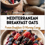 Bowl of Mediterranean Overnight Oats with rolled oats, berries, and honey drizzle on a rustic table.