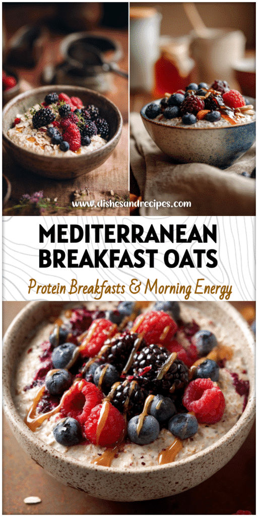Home 18 Bowl of Mediterranean Overnight Oats with rolled oats, berries, and honey drizzle on a rustic table.