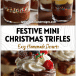 Mini Christmas Trifles that Shine on Your Holiday Table 5 Layered Mini Christmas Trifles in clear dessert cups topped with cream, berries, and festive sprinkles.