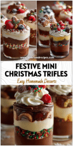 Layered Mini Christmas Trifles in clear dessert cups topped with cream, berries, and festive sprinkles.