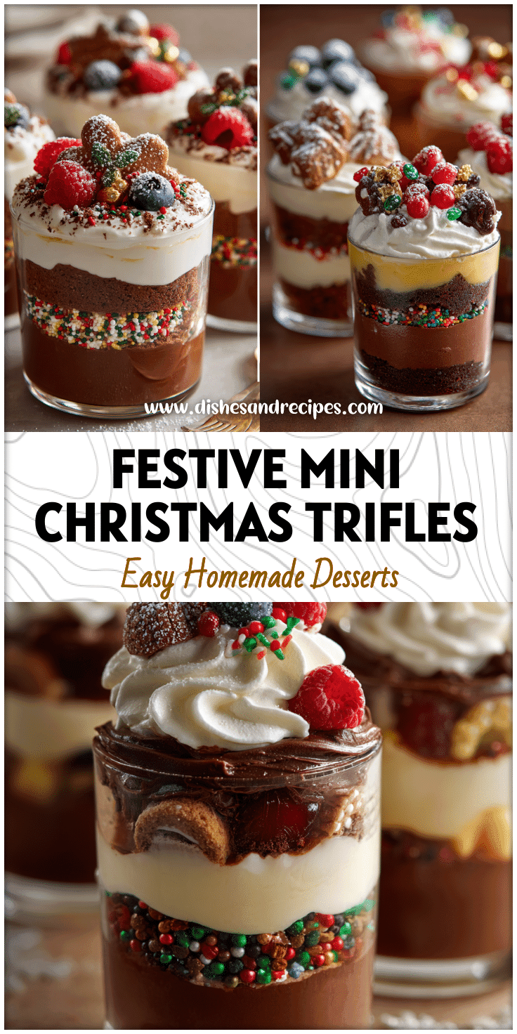 Layered Mini Christmas Trifles in clear dessert cups topped with cream, berries, and festive sprinkles.