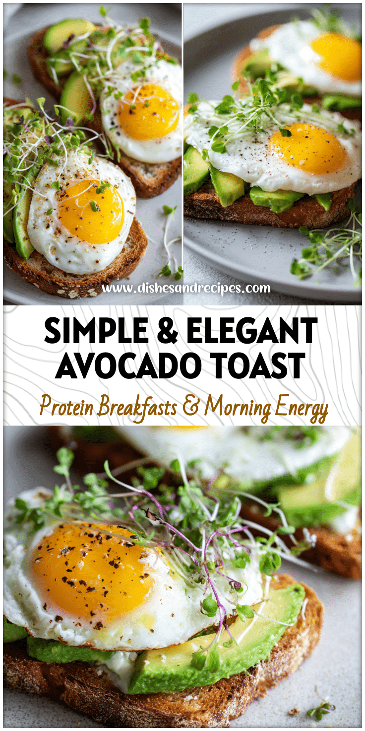 Minimal breakfast of toast avocado and eggs arranged with bright microgreens on a clean plate.