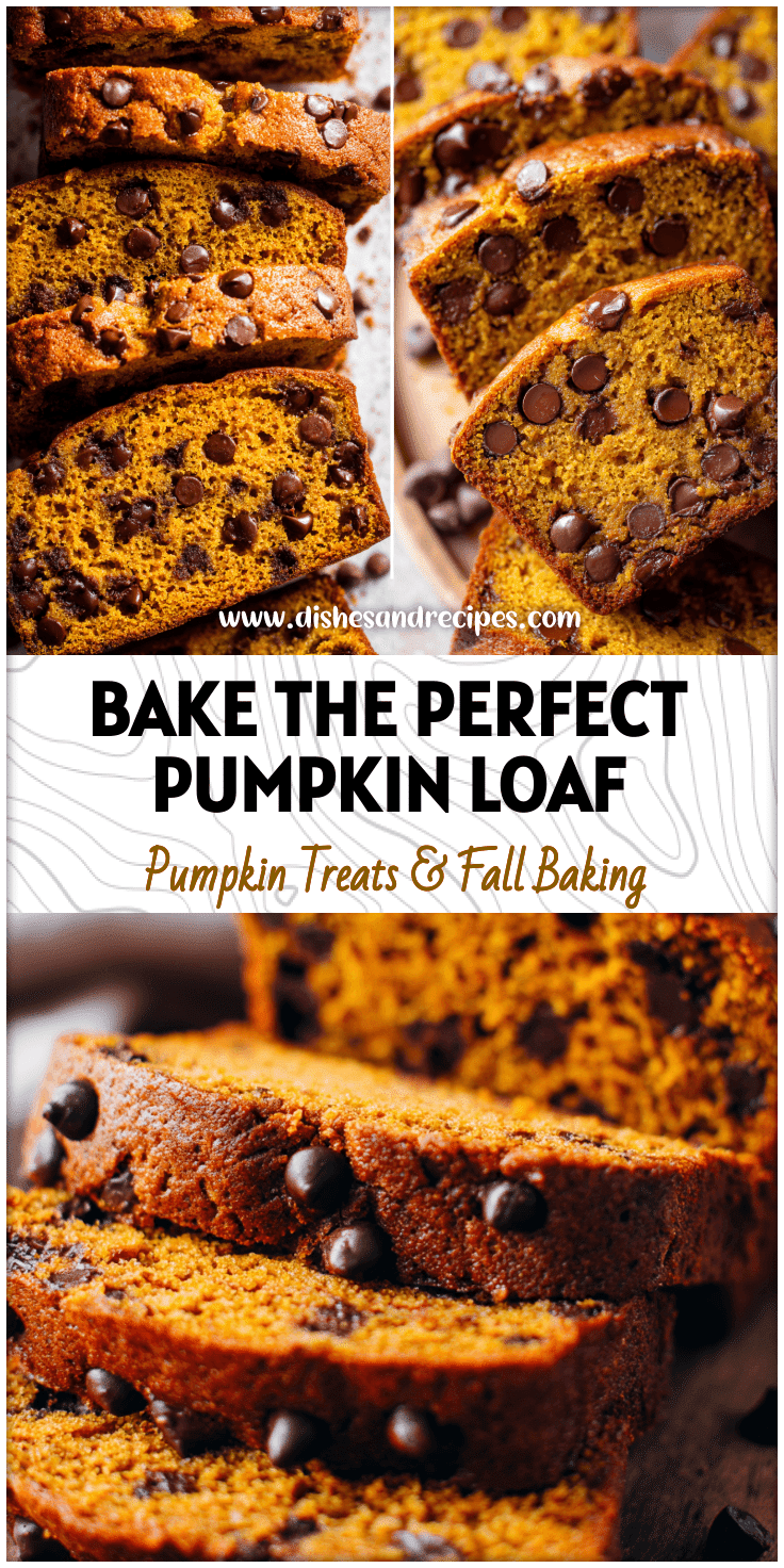 A sliced loaf of moist pumpkin chocolate chip bread showing melted chocolate chips and golden texture.