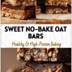 Stacked chocolate oat bars with peanut butter and Greek yogurt layers for a sweet and healthy dessert.