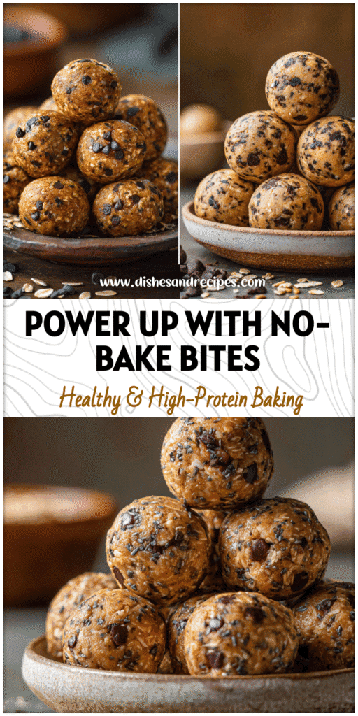 Round Peanut Butter Chocolate Chip Energy Bites stacked on a rustic plate with flax seed and oats.