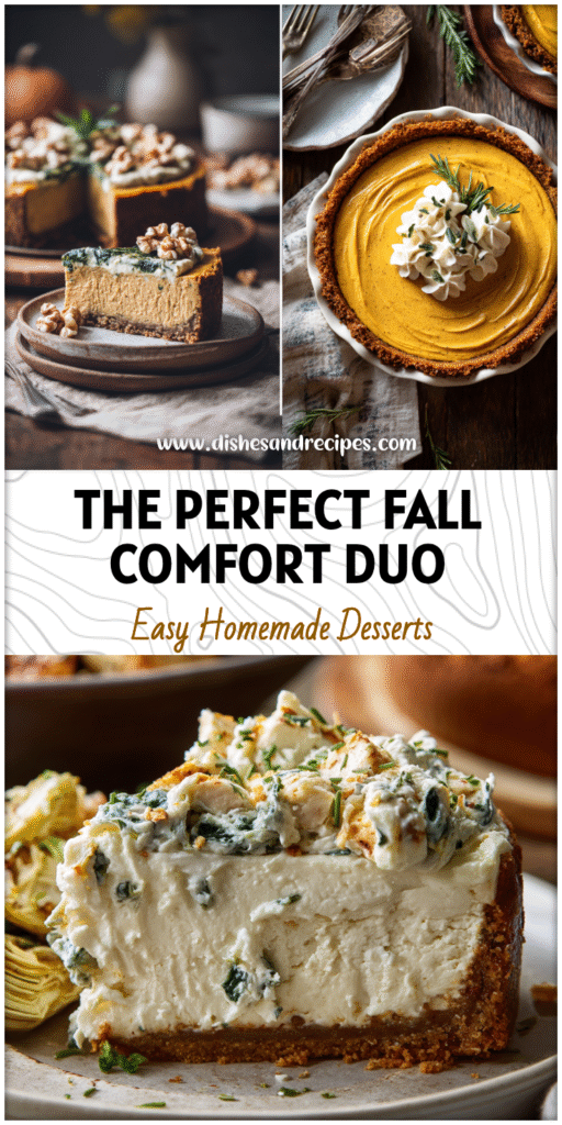 Creamy no-bake pumpkin cheesecake beside a savory spinach artichoke chicken dinner on a rustic fall table