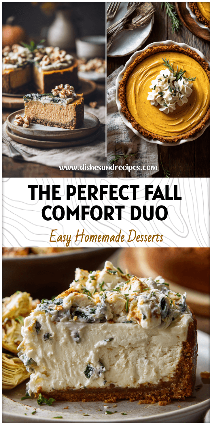 Creamy no-bake pumpkin cheesecake beside a savory spinach artichoke chicken dinner on a rustic fall table