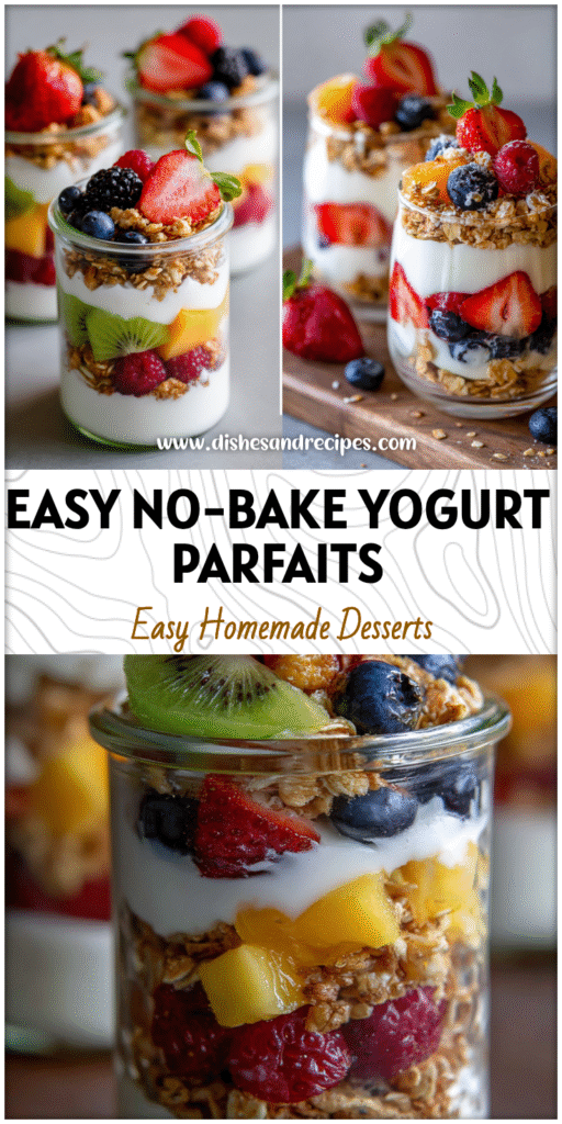 Layered Greek Yogurt Parfait cups with granola and colorful fresh fruits in glass jars.