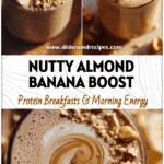 Banana Almond Milk Smoothie in a glass with almond butter swirl and crushed nuts on top.