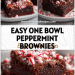 One Bowl Peppermint Brownies for Easy Holiday Baking 5 Fudgy peppermint brownies topped with crushed candy canes on a white plate for Christmas Cooking.