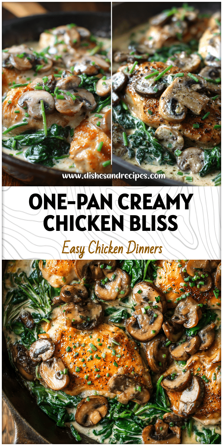 One-pan creamy chicken and mushrooms with sautéed spinach and fresh chives served in a skillet.