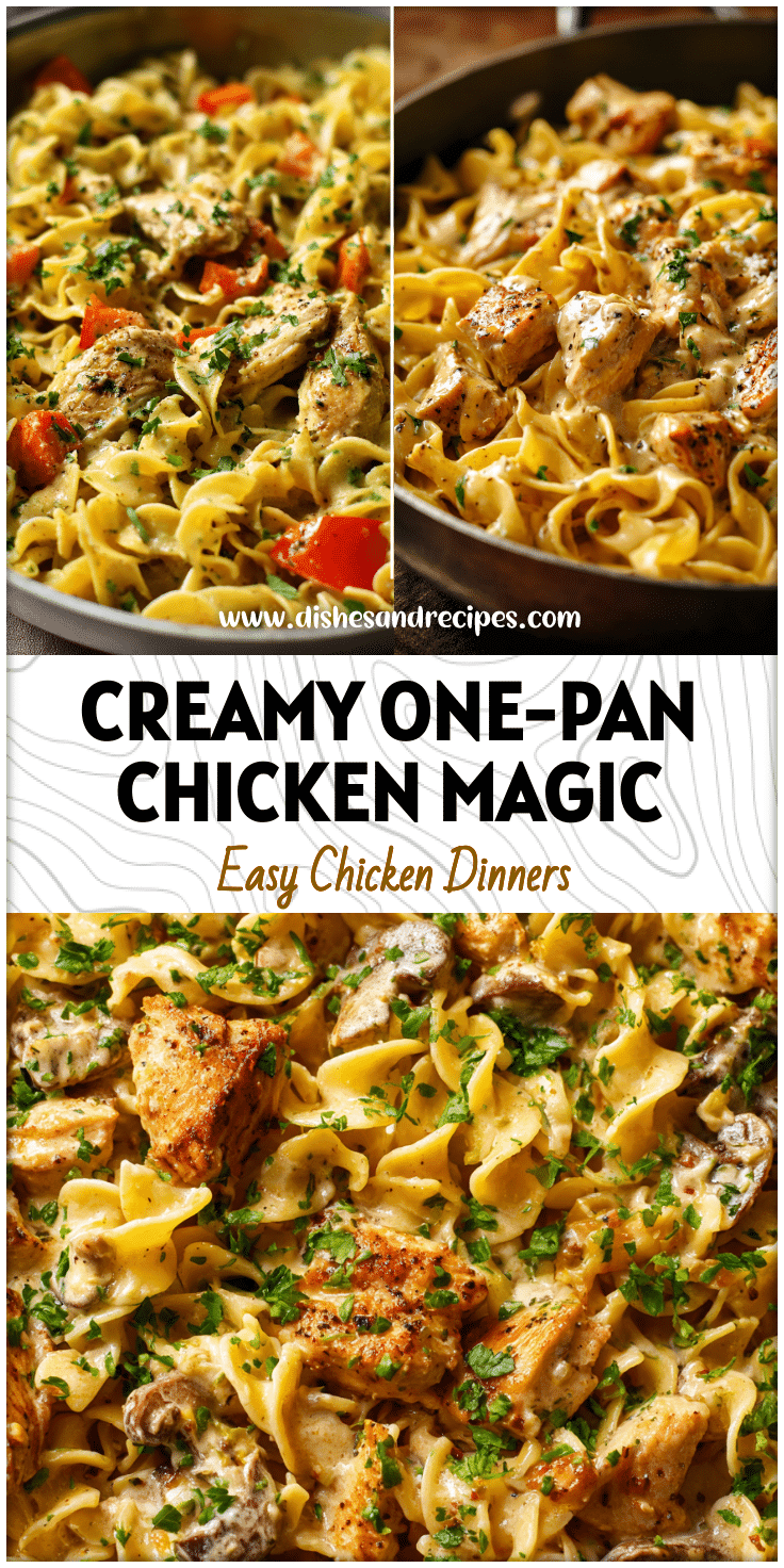 Creamy garlic butter chicken served on egg noodles in a one-pan dinner with fresh herbs.