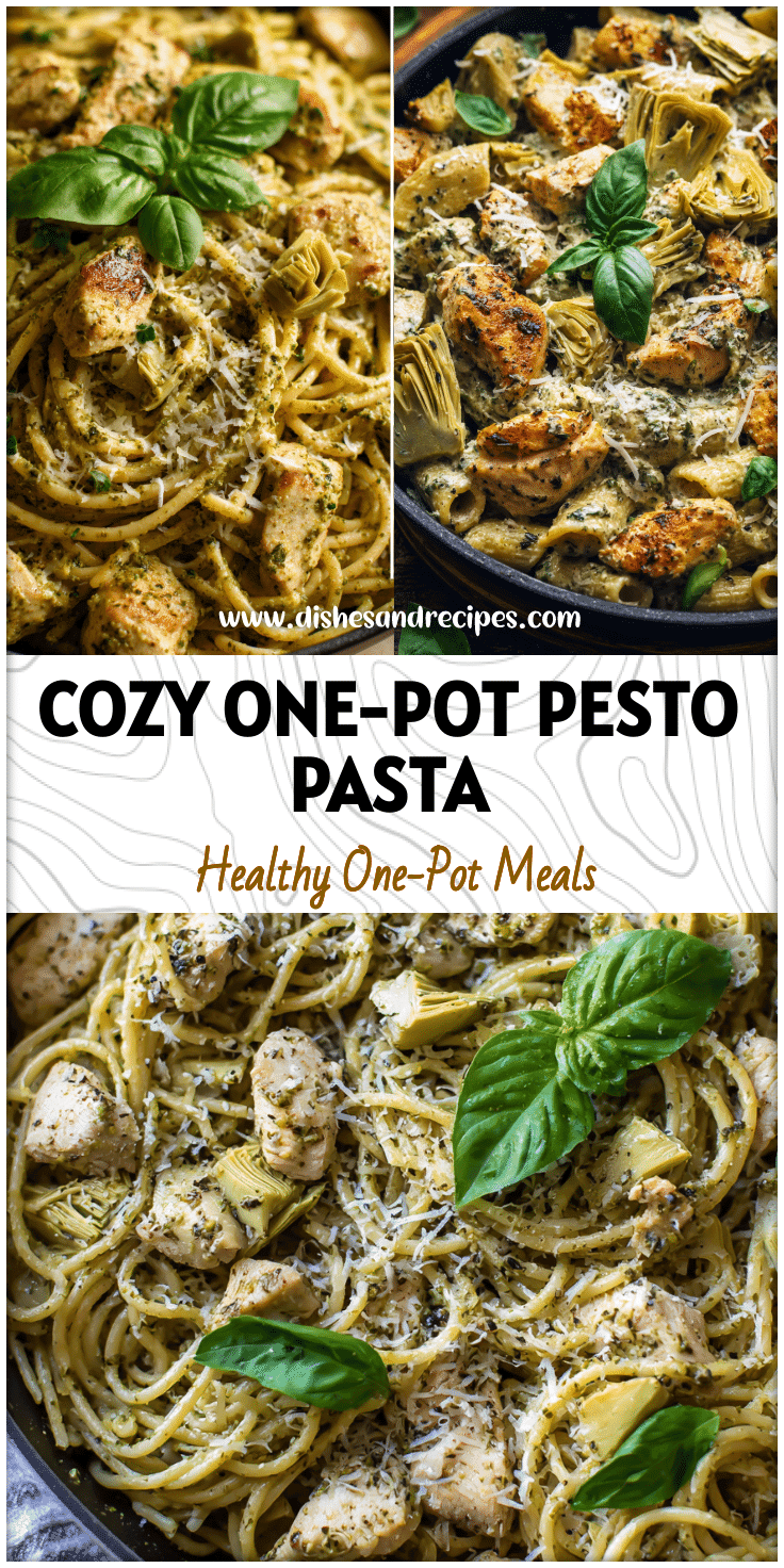 Creamy pesto chicken pasta with artichokes in one pot topped with fresh basil and parmesan cheese.