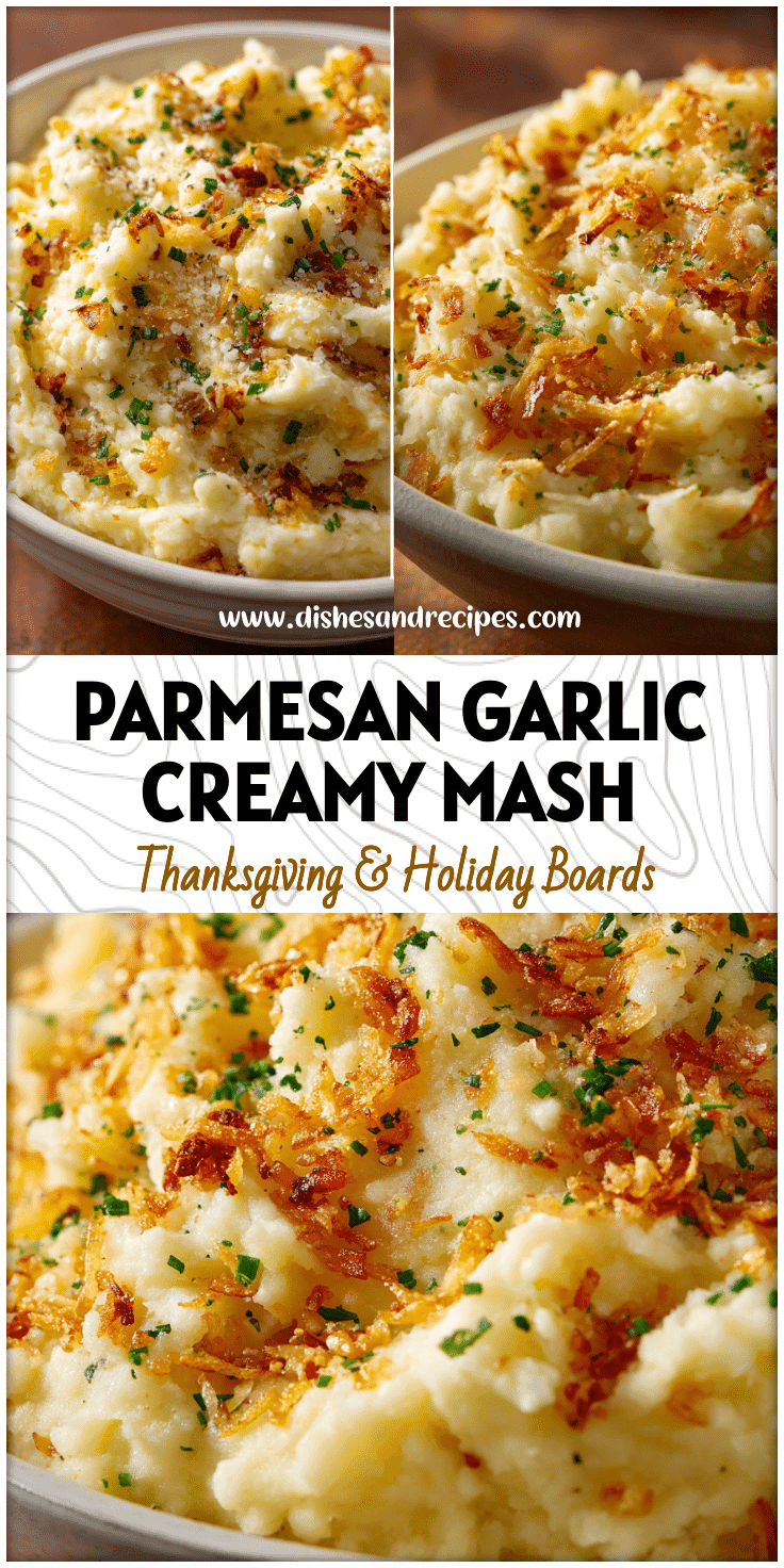 Golden garlic butter mashed potatoes topped with grated parmesan and crispy hash brown bits