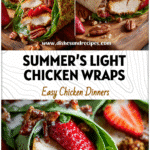 Close-up of a pepita crusted chicken salad wrap with strawberries and pecans on a rustic board.