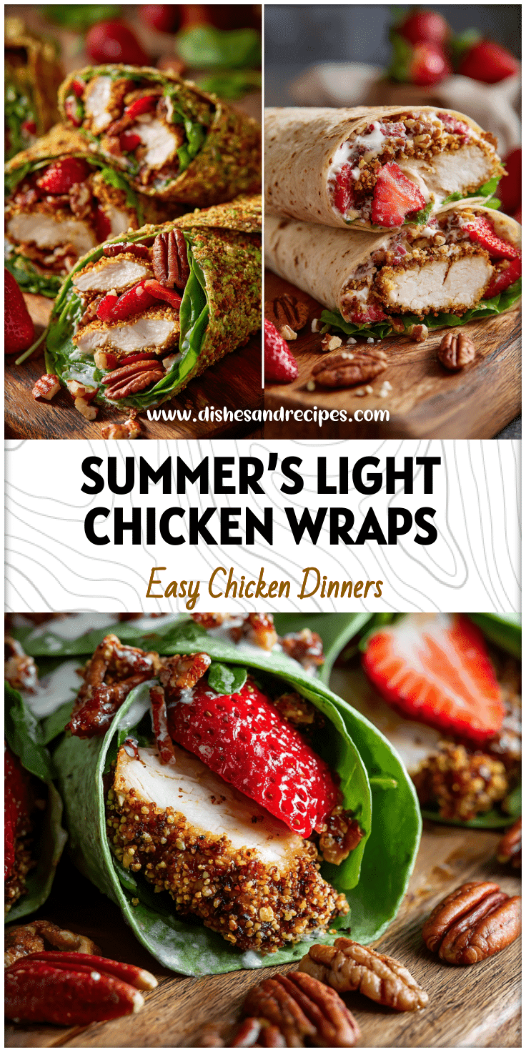 Close-up of a pepita crusted chicken salad wrap with strawberries and pecans on a rustic board.